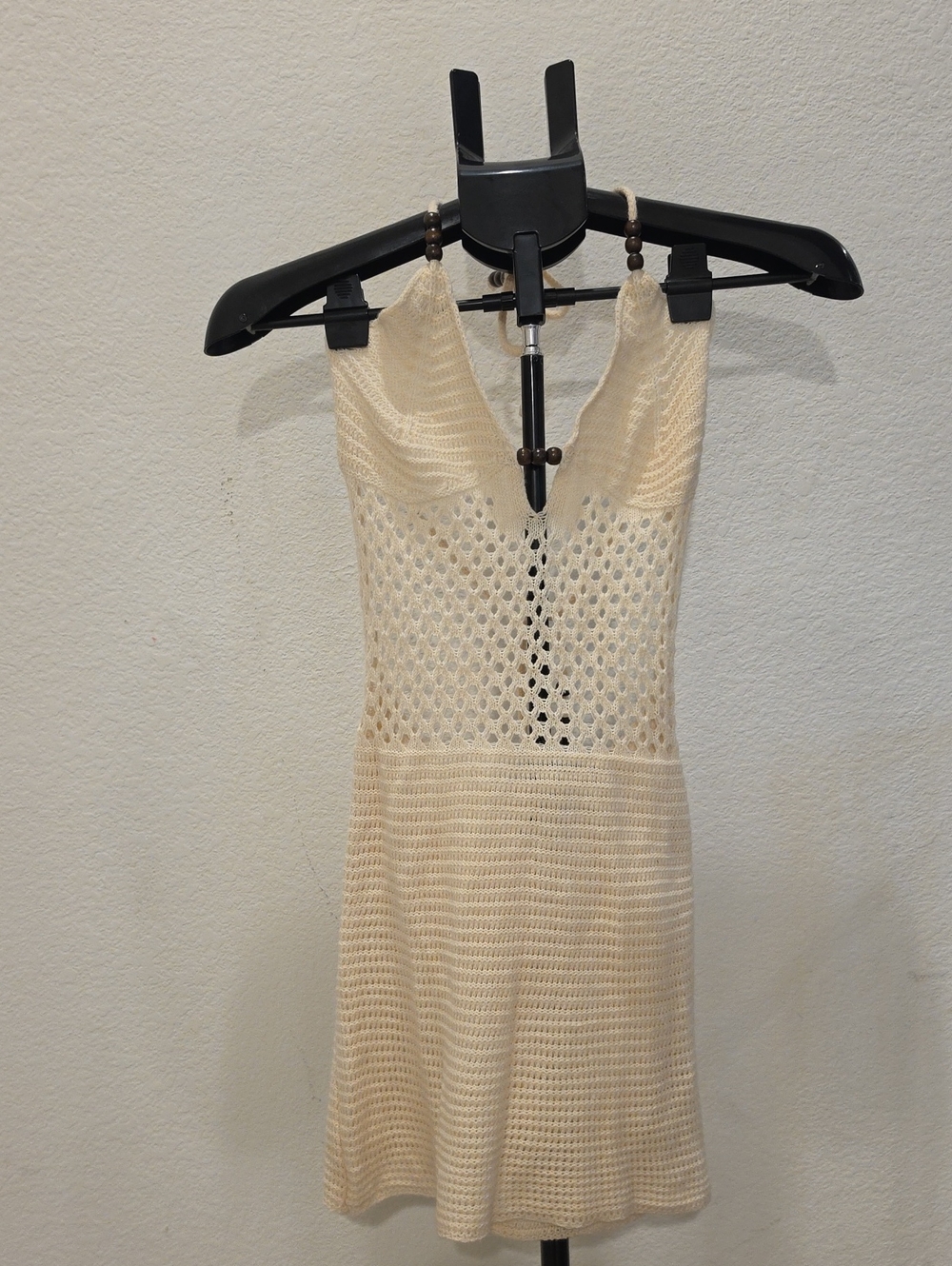 Cream Crochet Knit Halter Mini Dress